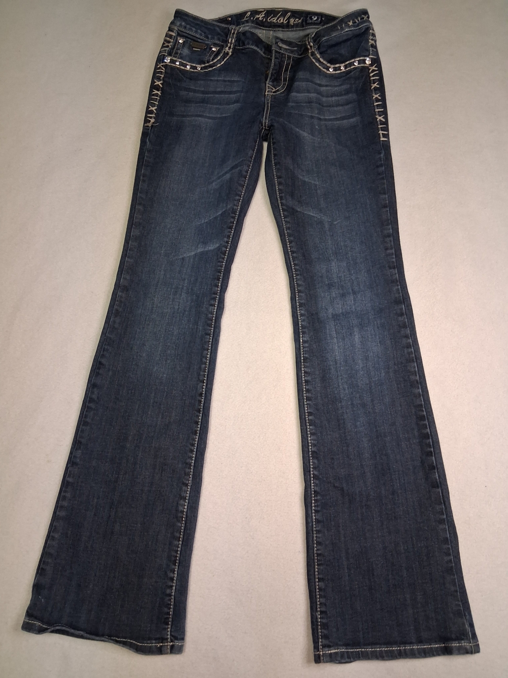 L.A. idol Dark Blue Flare Jeans with Embroidered Side Detail